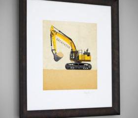 Construction Vehicle Yellow Excavator Transportation 8x8 Wall Art Room Decor Print
